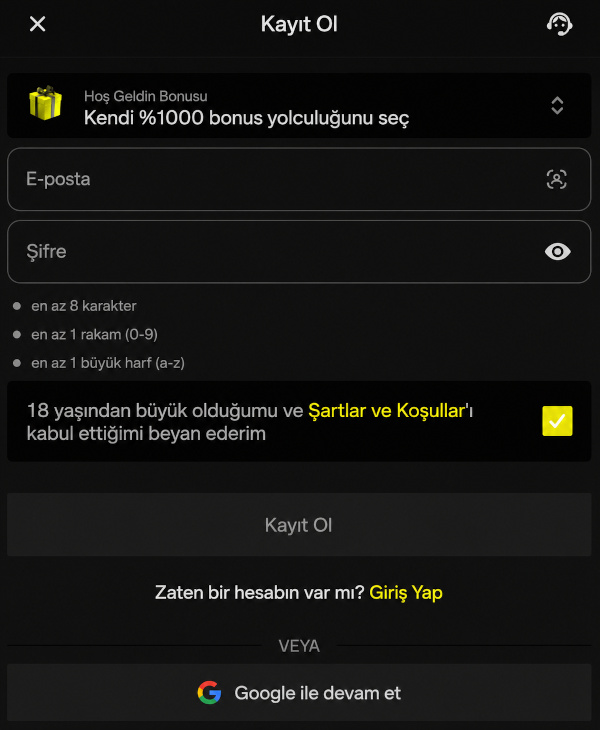 Sitede hesap oluşturun